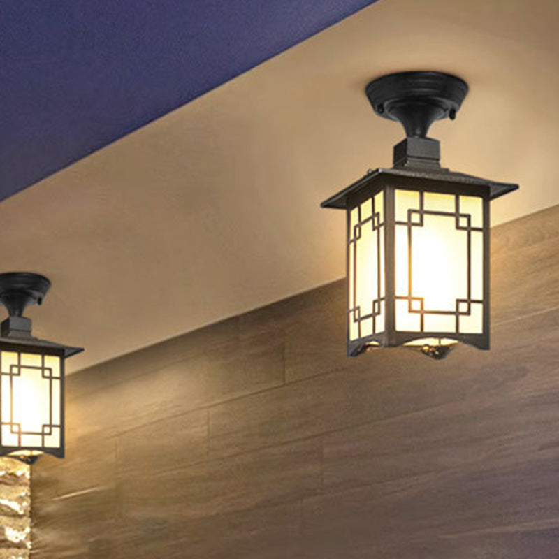 Traditionelle chinesische wasserdichte Eisen-Aluminium-Glas-Zylinder-Pergola 1-Licht halb eingelassene Deckenleuchte Außenleuchte für Terrasse im Freien