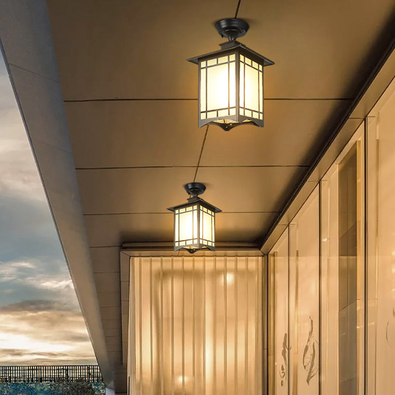 Traditionelle chinesische wasserdichte Eisen-Aluminium-Glas-Zylinder-Pergola 1-Licht halb eingelassene Deckenleuchte Außenleuchte für Terrasse im Freien