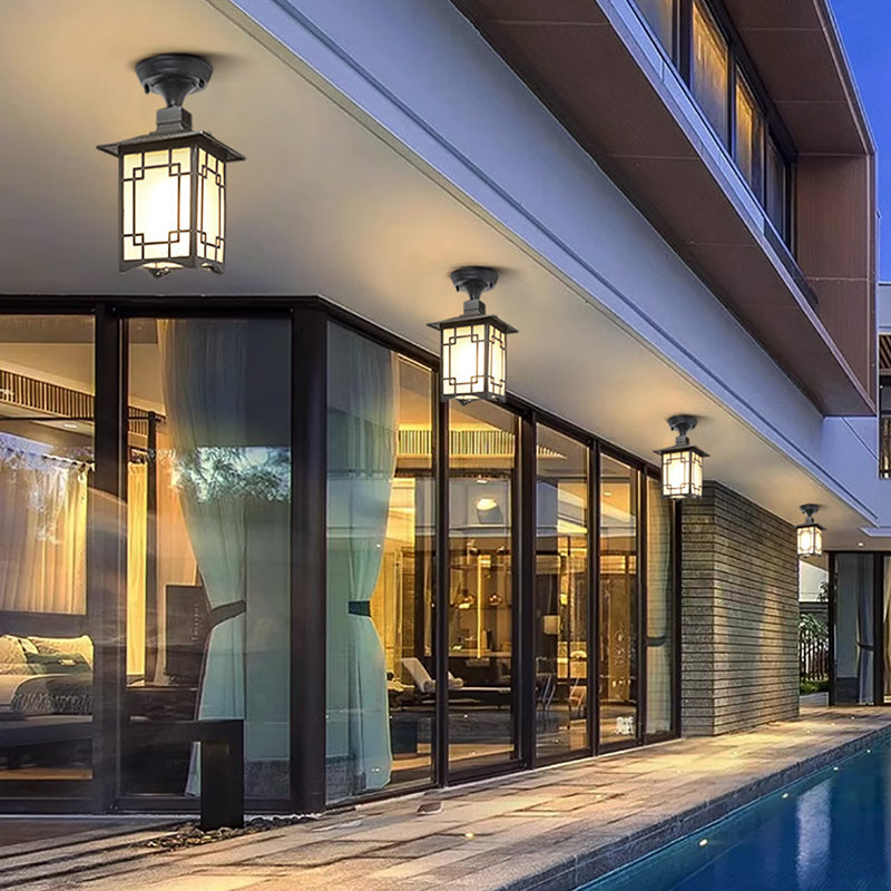 Traditionelle chinesische wasserdichte Eisen-Aluminium-Glas-Zylinder-Pergola 1-Licht halb eingelassene Deckenleuchte Außenleuchte für Terrasse im Freien