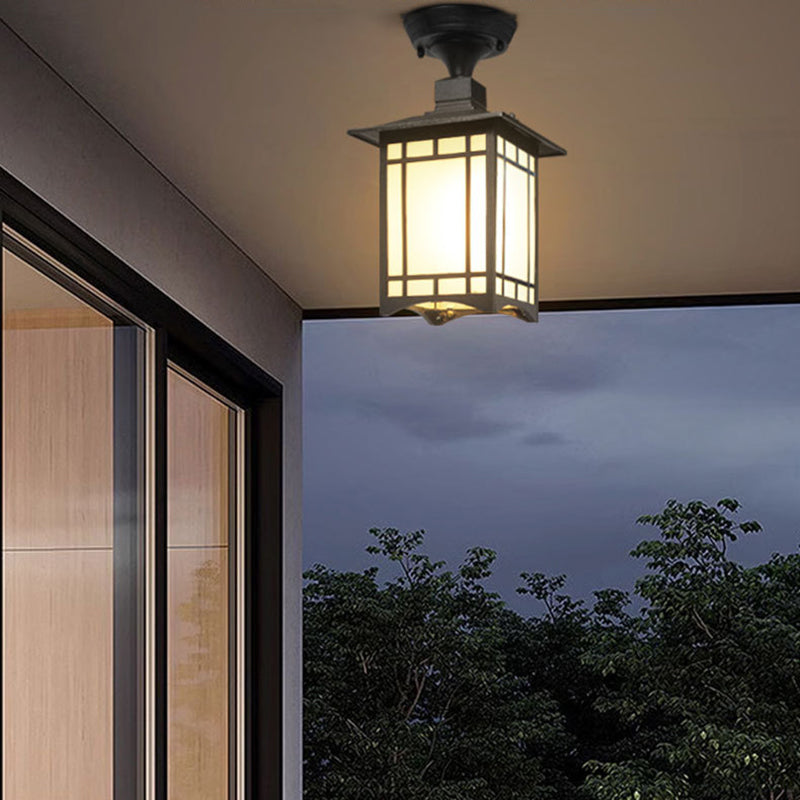 Traditionelle chinesische wasserdichte Eisen-Aluminium-Glas-Zylinder-Pergola 1-Licht halb eingelassene Deckenleuchte Außenleuchte für Terrasse im Freien