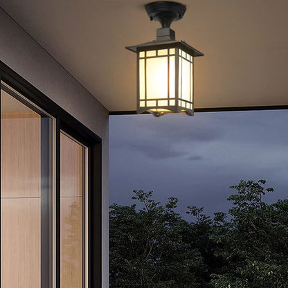 Traditionelle chinesische wasserdichte Eisen-Aluminium-Glas-Zylinder-Pergola 1-Licht halb eingelassene Deckenleuchte Außenleuchte für Terrasse im Freien