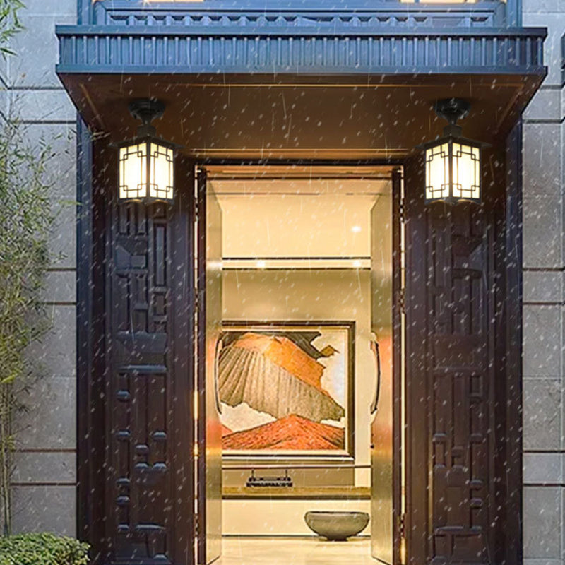 Traditionelle chinesische wasserdichte Eisen-Aluminium-Glas-Zylinder-Pergola 1-Licht halb eingelassene Deckenleuchte Außenleuchte für Terrasse im Freien