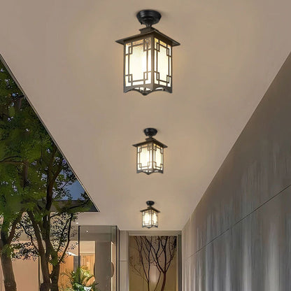 Traditionelle chinesische wasserdichte Eisen-Aluminium-Glas-Zylinder-Pergola 1-Licht halb eingelassene Deckenleuchte Außenleuchte für Terrasse im Freien