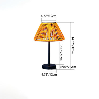 Traditionelle Bauernhaus wasserdichte solarbetriebene wiederaufladbare Webgummi-Rattan-Eisen konische LED-Außen-Tischlampe für den Garten