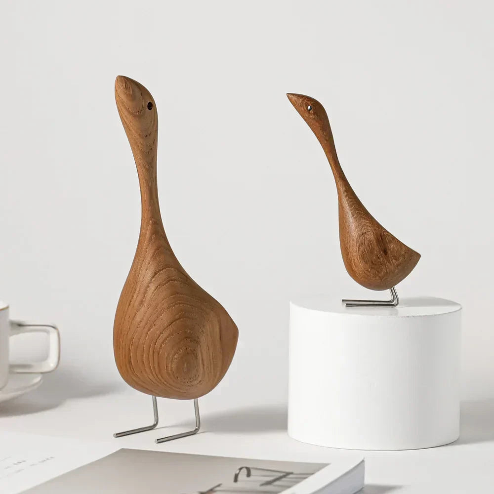 Nordic wooden goose figures abstract teak wood sculptures couple figures natural animal ornaments for home decor