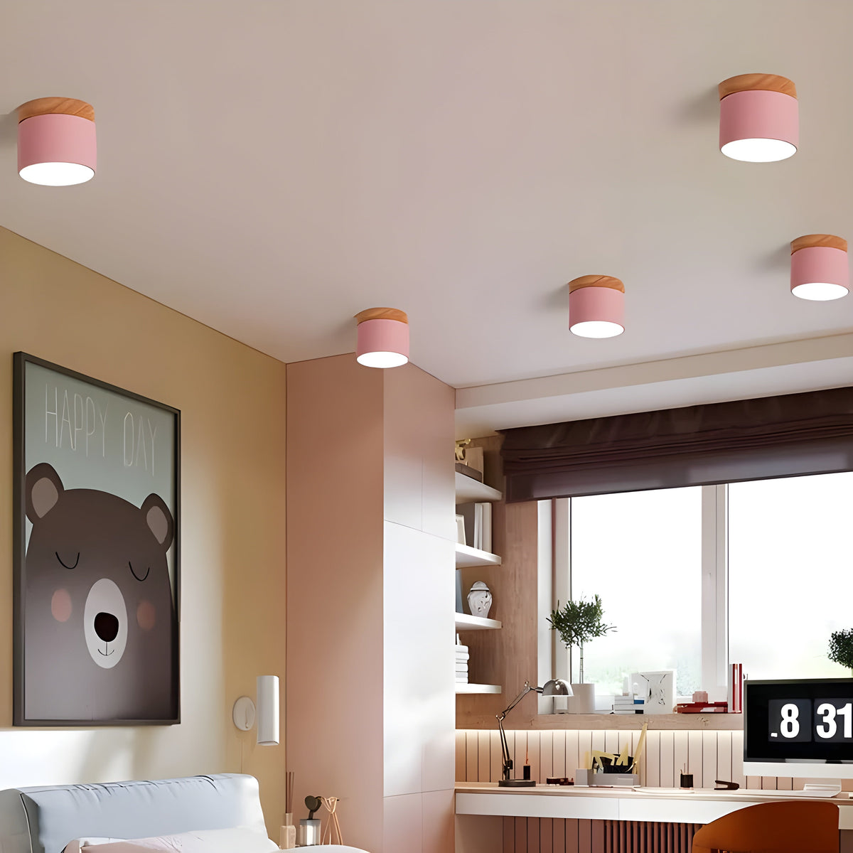 LED-Deckenleuchte in zylindrischer Form – Warmes Licht im Vintage-Industriedesign | Mit dekorativem Holzelement
