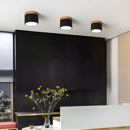 LED-Deckenleuchte in zylindrischer Form – Warmes Licht im Vintage-Industriedesign | Mit dekorativem Holzelement