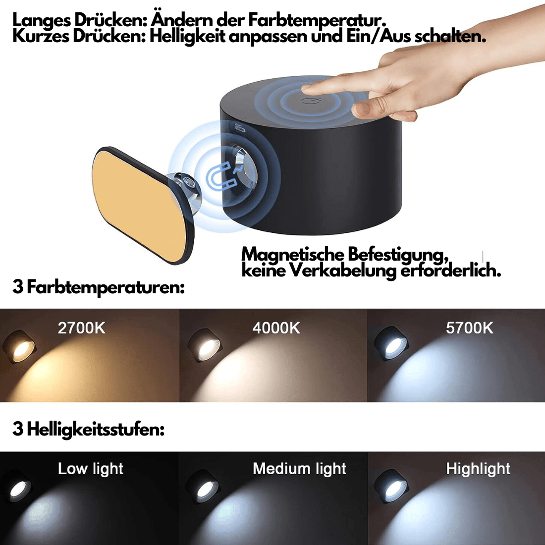 360° kabellose wiederaufladbare Wandleuchte | Vielseitige LED-Beleuchtungslösung