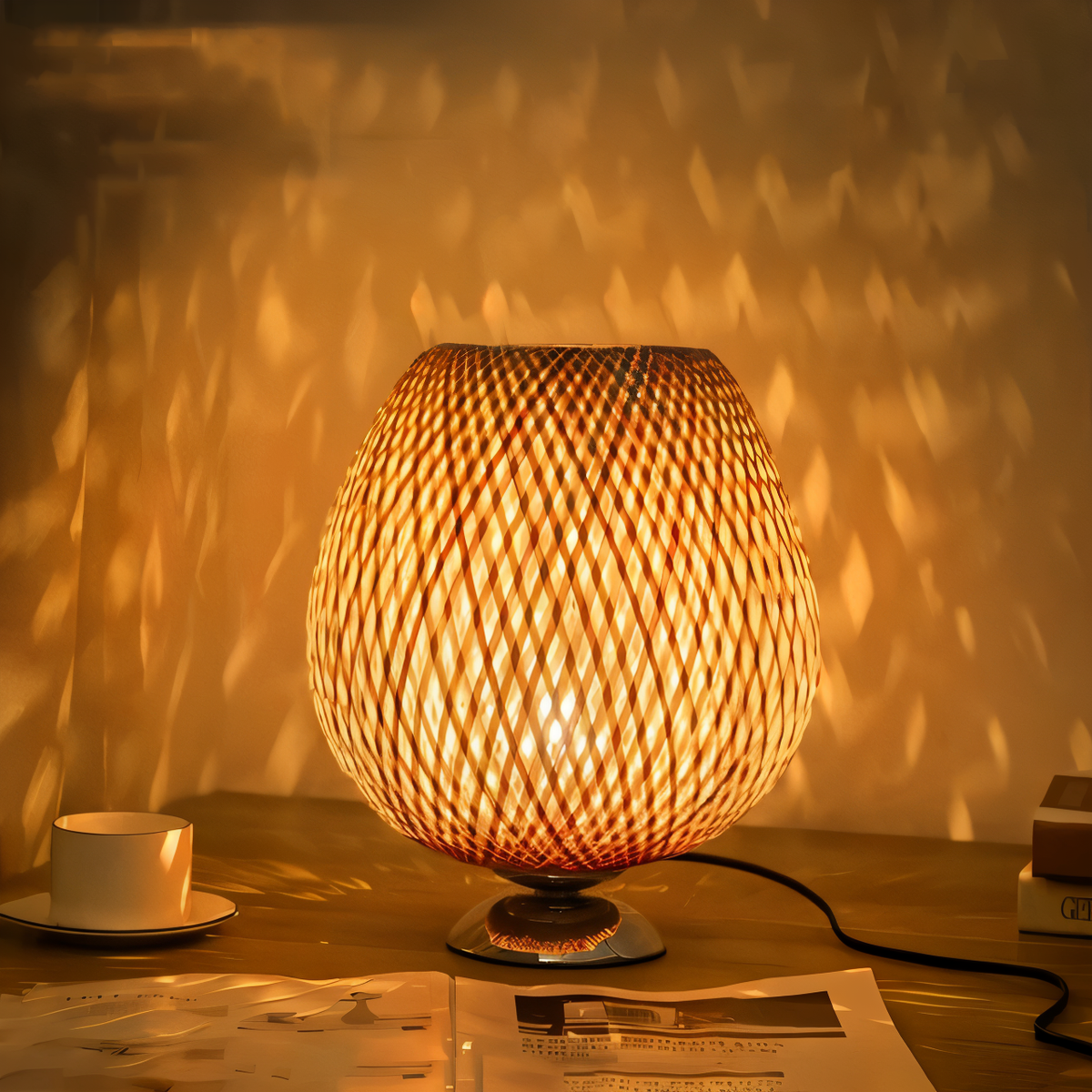 NatureHue Vintage Bambus Tischlampe Kreative Geflochtene Rattan Schreibtischlampe