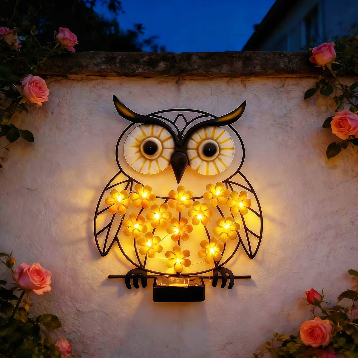 Metall Eule Wandkunst mit solarbetriebenen LED-Blumenlichtern und Eisenrahmen Heim Zeile