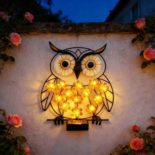 Metall Eule Wandkunst mit solarbetriebenen LED-Blumenlichtern und Eisenrahmen Heim Zeile