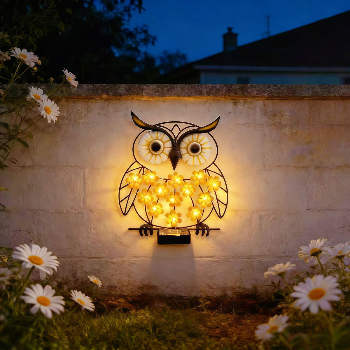 Metall Eule Wandkunst mit solarbetriebenen LED-Blumenlichtern und Eisenrahmen Heim Zeile