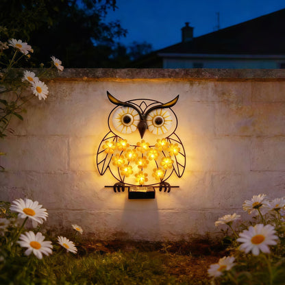 Metall Eule Wandkunst mit solarbetriebenen LED-Blumenlichtern und Eisenrahmen Heim Zeile