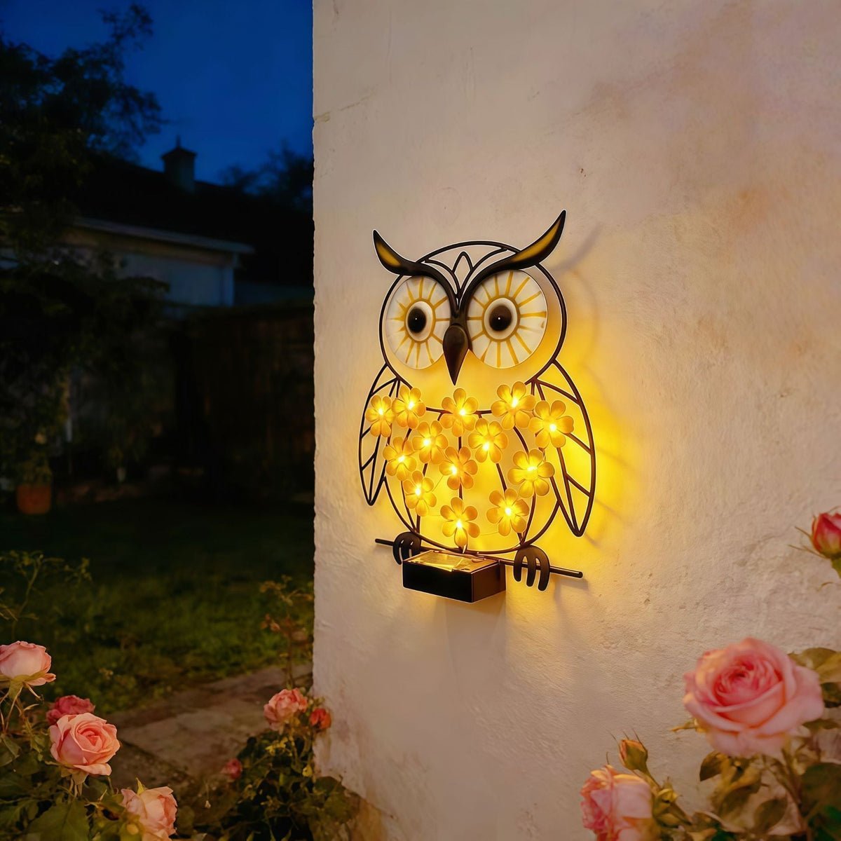Metall Eule Wandkunst mit solarbetriebenen LED-Blumenlichtern und Eisenrahmen Heim Zeile
