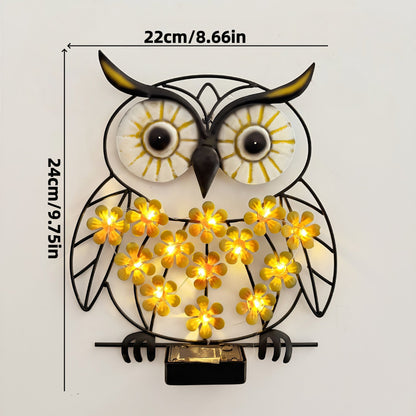 Metall Eule Wandkunst mit solarbetriebenen LED-Blumenlichtern und Eisenrahmen Heim Zeile