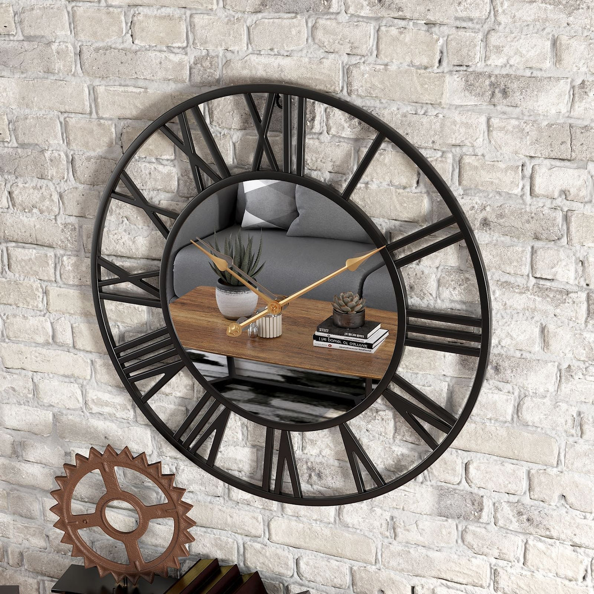 Heim Zeile | Metall Vintage Wanduhr in großer Größe mit Spiegel 39cm