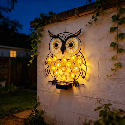 Metall Eule Wandkunst mit solarbetriebenen LED-Blumenlichtern und Eisenrahmen Heim Zeile