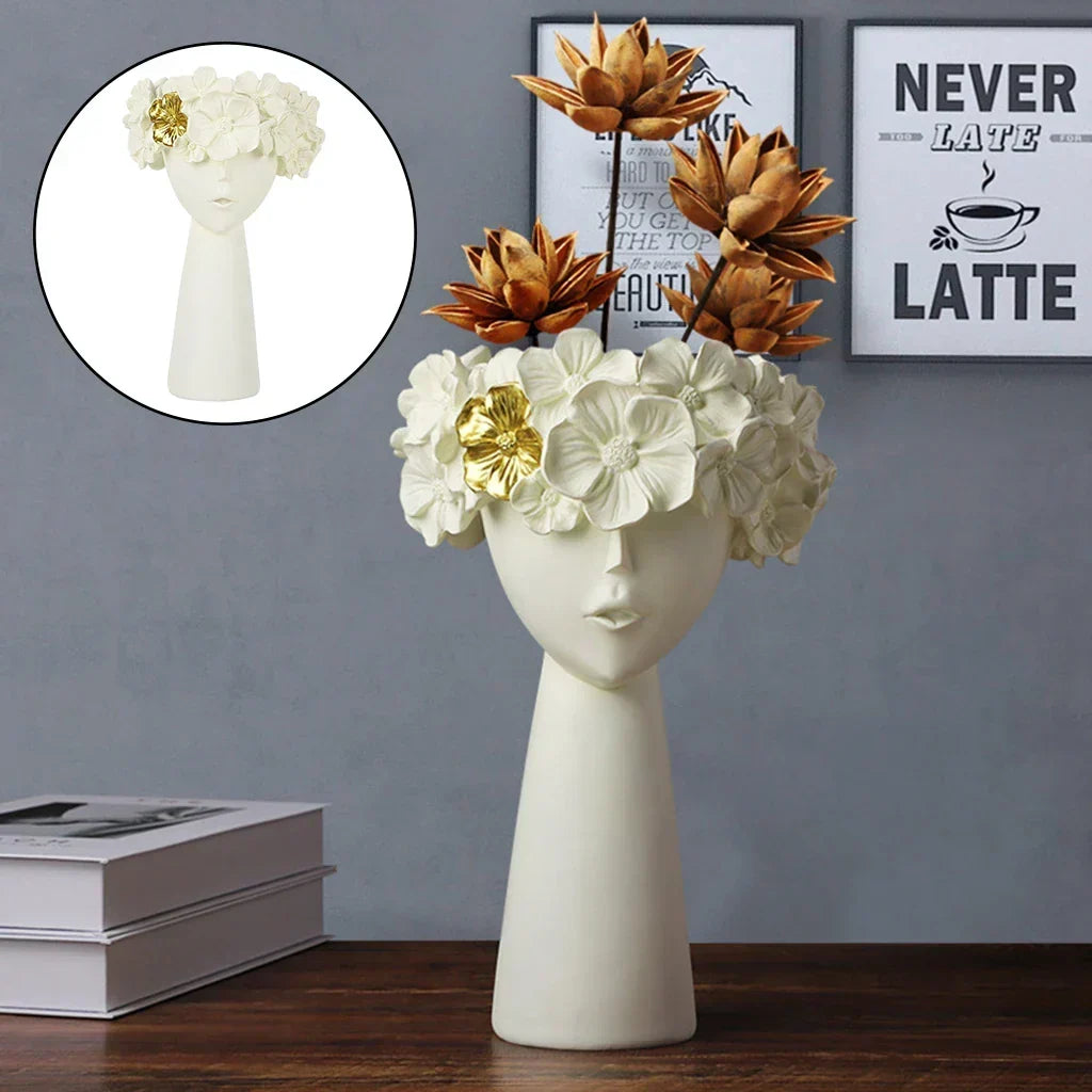Nordic Girl Kopf Blumen Harz Vase Statue Blumen Blumen Vasen für Büro Schreibtisch Trockenblumen Ornamente Dekor Behälter