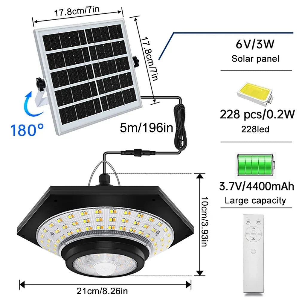 228 LED Solar Deckenleuchte | 360° Lichtwinkel | Mit Fernbedienung & Bewegungssensor | 4400mAh Batterie