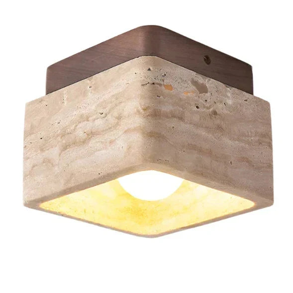 Quadratische Travertin- und Holz-LED-Deckenleuchte