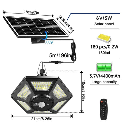228 LED Solar Deckenleuchte | 360° Lichtwinkel | Mit Fernbedienung & Bewegungssensor | 4400mAh Batterie