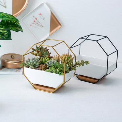 Einfacher achteckiger geometrischer Wandtisch Sukkulentenplatte mit Bambusstütze und Eisenrahmen Blumentopf (Gold)