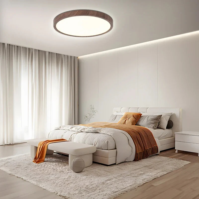 Moderne runde Deckenleuchte mit einstellbarem LED-Licht in warmer Walnussfarbe für Wohnzimmer und Schlafzimmer