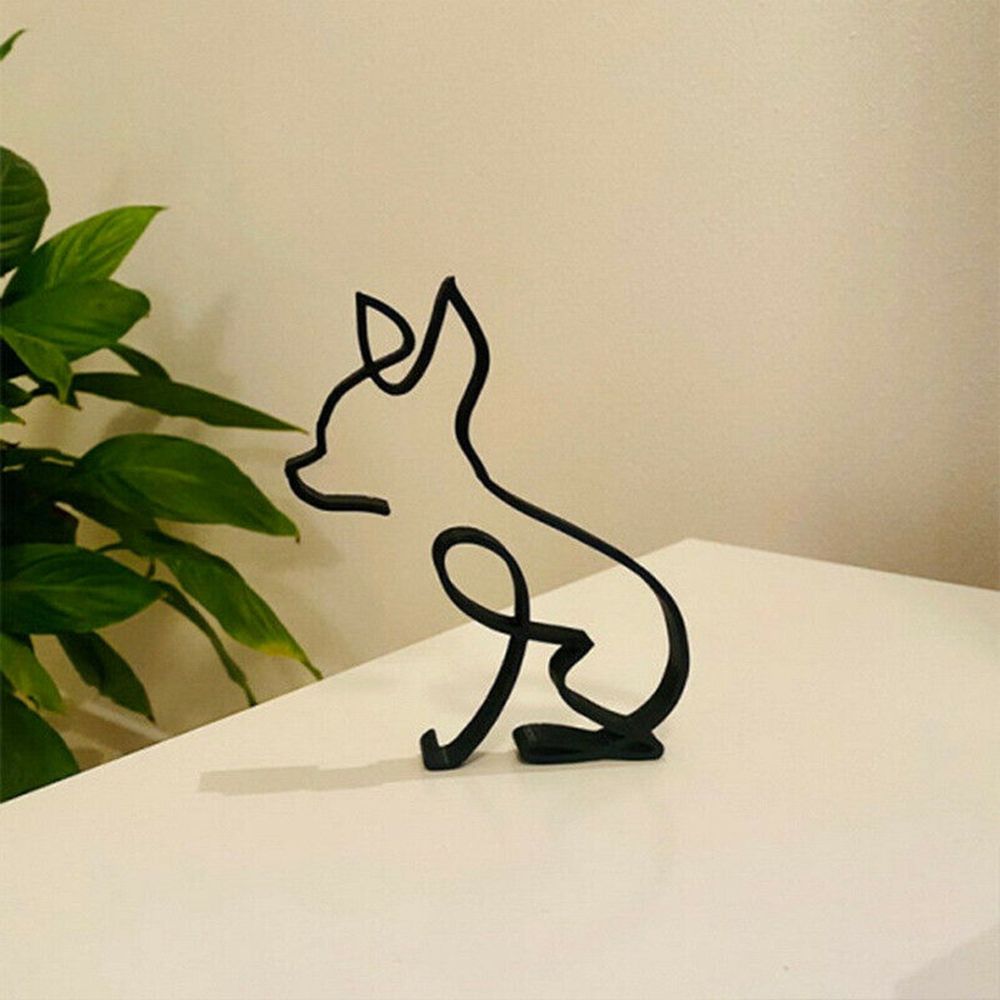 Tier Kunst Eisen Skulptur Retro Metall schwarze Linien Katze Hund Schreibtisch Ornament