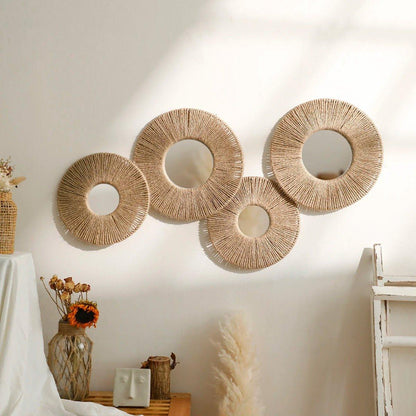 Heim Zeile | Rundes dekoratives Wandspiegel im Boho-Stil mit gewebtem Hanfseil