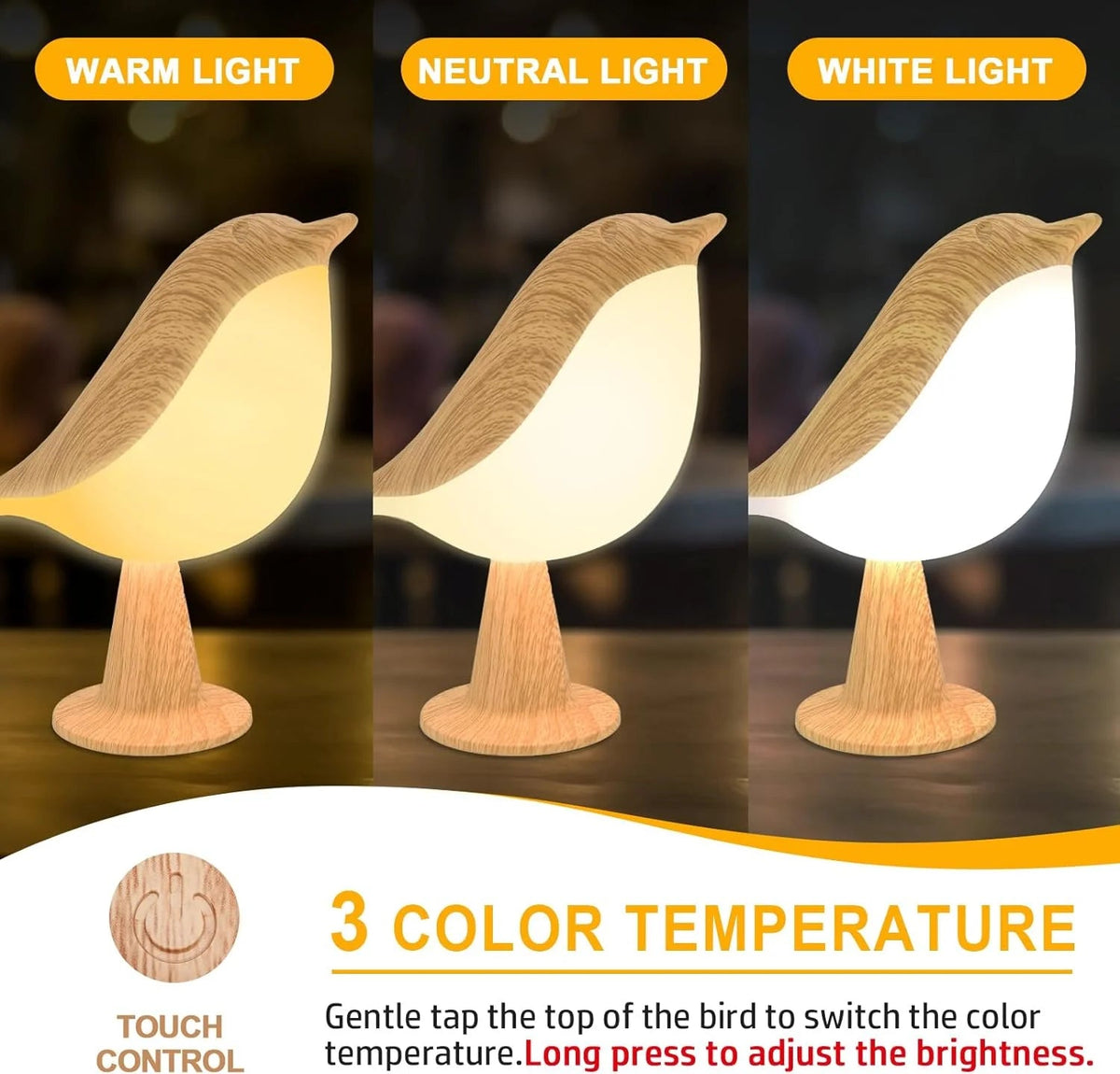Touch-Control Holz Vogel Nachtlicht - Wiederaufladbare LED Schreibtischlampe