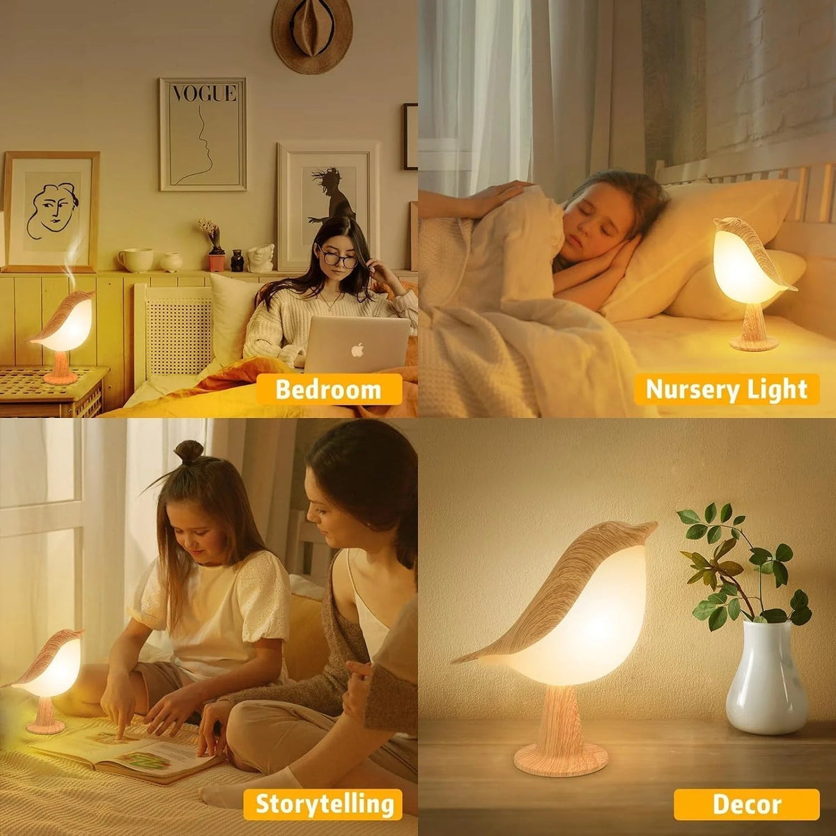 Touch-Control Holz Vogel Nachtlicht - Wiederaufladbare LED Schreibtischlampe