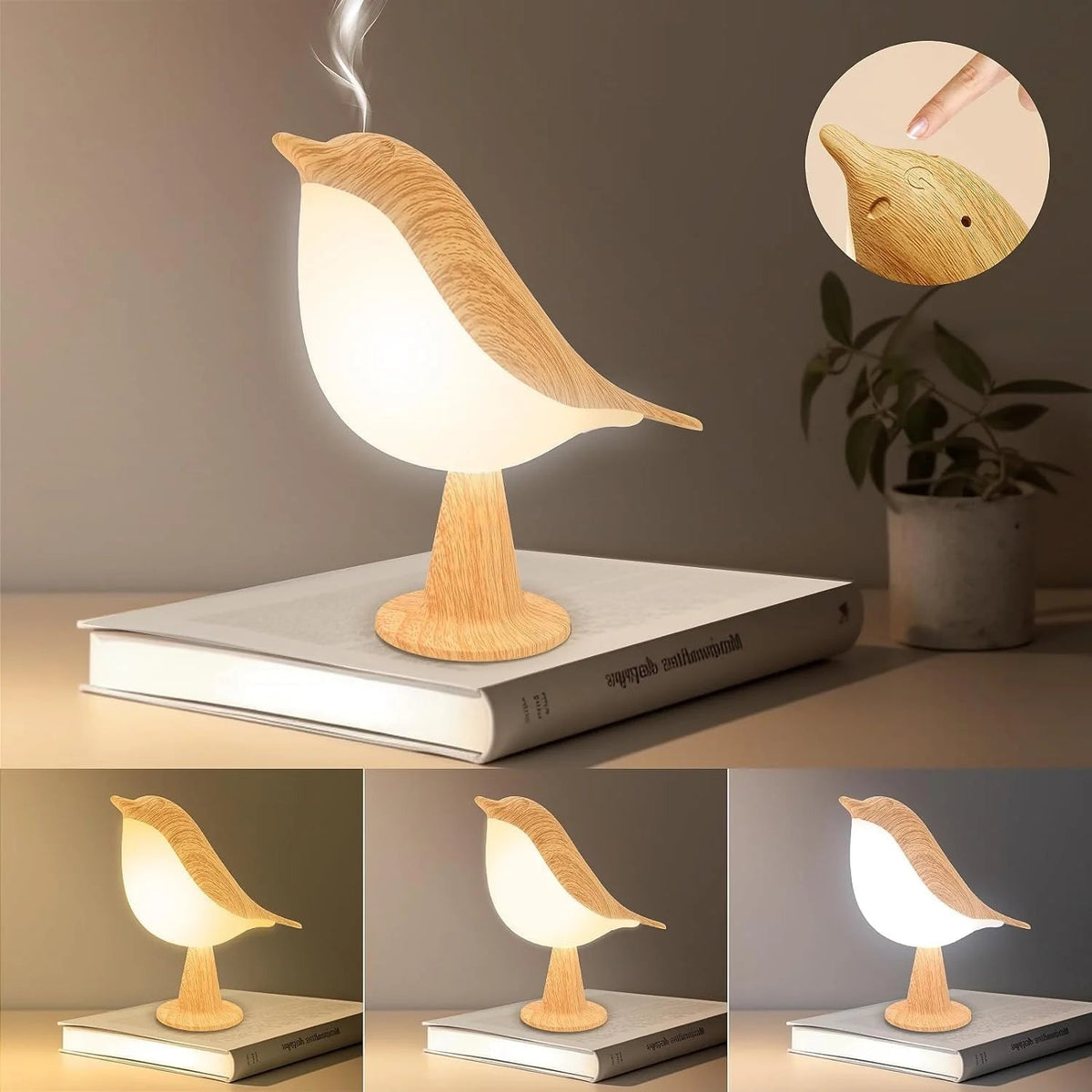 Touch-Control Holz Vogel Nachtlicht - Wiederaufladbare LED Schreibtischlampe