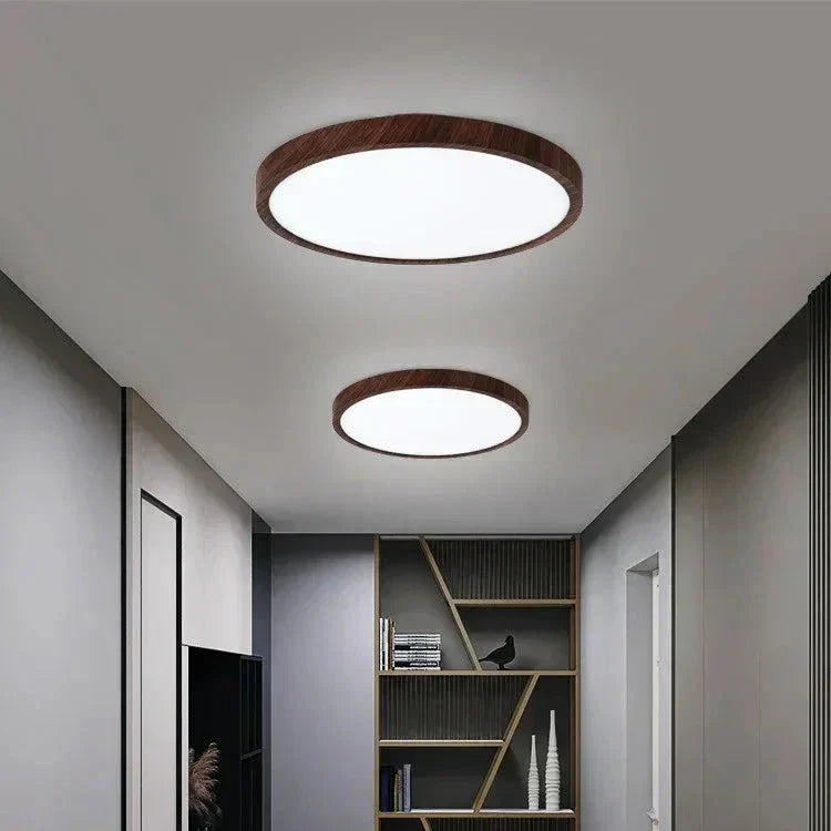 Moderne runde Deckenleuchte mit einstellbarem LED-Licht in warmer Walnussfarbe für Wohnzimmer und Schlafzimmer