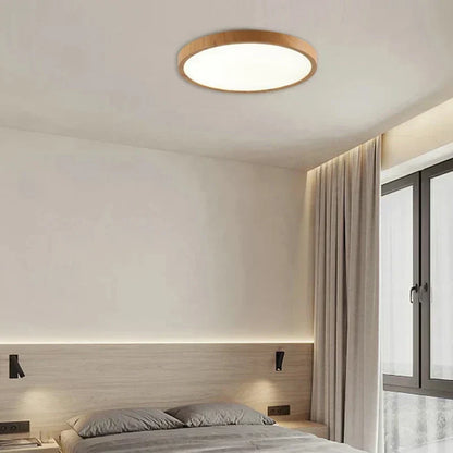 Moderne runde Deckenleuchte mit einstellbarem LED-Licht in warmer Walnussfarbe für Wohnzimmer und Schlafzimmer
